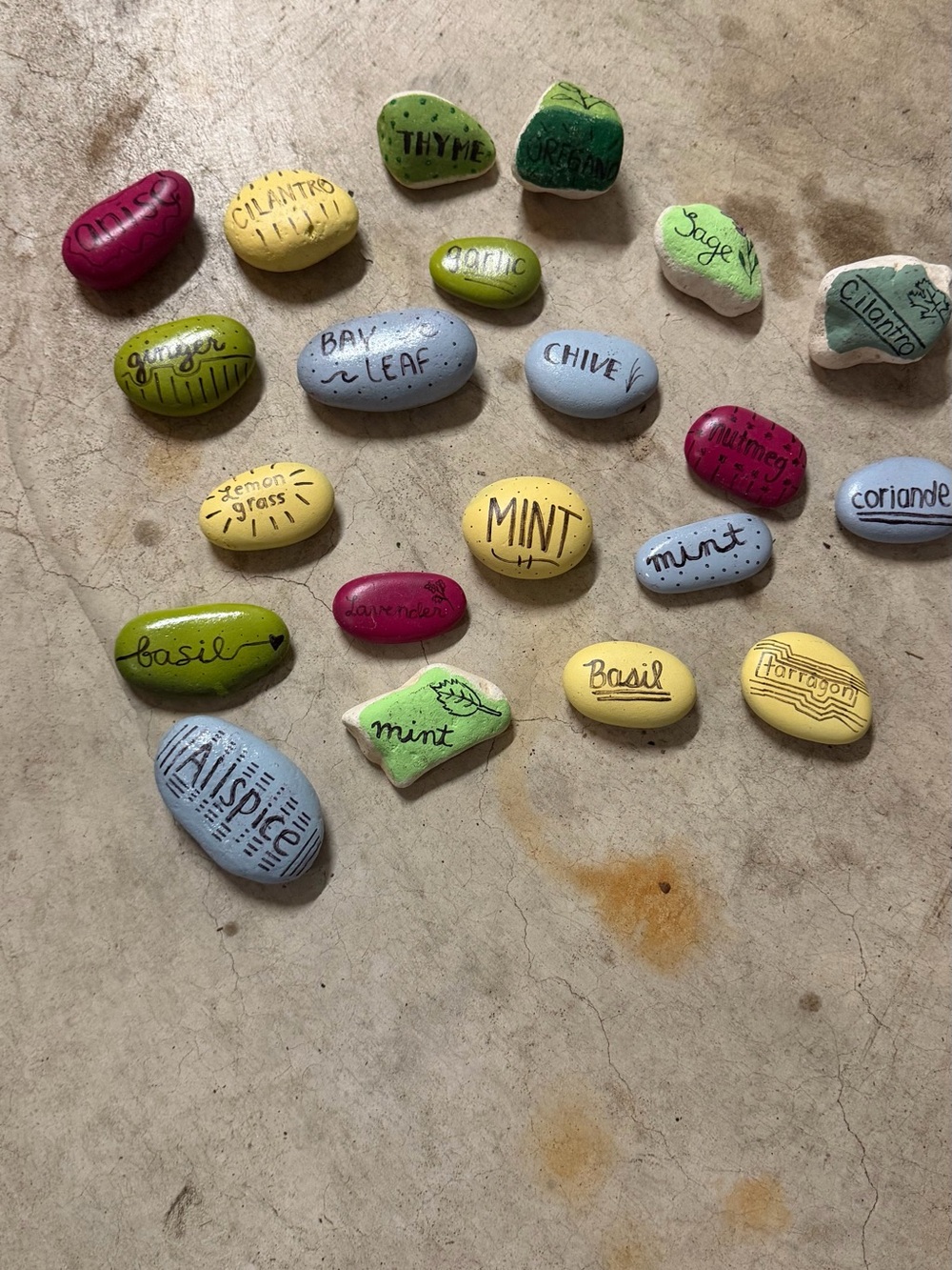 Hand-Painted Green, Yellow, Blue, Pink & Cream Garden Marker Stone Set